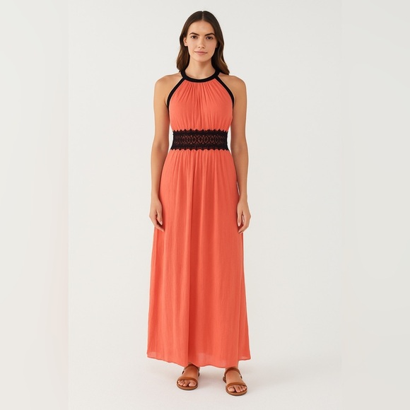 NWT Daisy Salmon Cross Back With Lace See Through Trim Maxi Dress. Sz Large - Picture 1 of 11